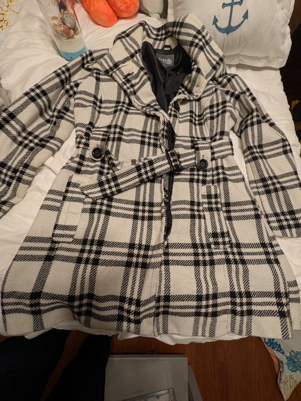 Charlotte Russe Plaid Belted Peacoat Jacket Cream Black Large Y2K Vintage